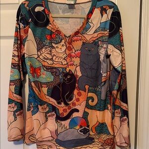 Whimsical Cat Print Long Sleeve Top
